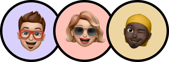 Ilustração de desenhos estilo emoji em 3 círculos, primeiro um homem branco de óculos vermelho, segundo uma mulher branca loira de óculos escuros de sol sorrindo, terceiro um homem negro piscando um dos olhos e boné amarelo.